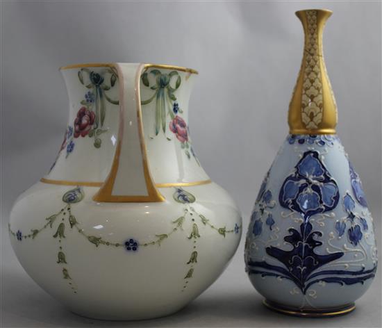 William Moorcroft for James Macintyre. An 18th century pattern two handled vase, two similar ewers and a gesso faience vase, 25cm, neck